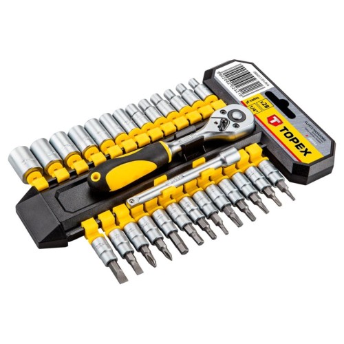 TOPEX 38D651 Klucze nasadowe i nasadki trzpieniowe 1/4", zestaw 28 szt.