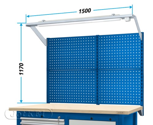 JOTKEL 21312 Nadbudowa z tablicami narzędziowymi i oświetleniem LED do stołu warsztatowego o szer. 1500 mm