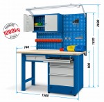 JOTKEL Stół warsztatowy z nadbudową : stół 22406 + nadbudowa stołu 21306 + moduł oświetleniowy