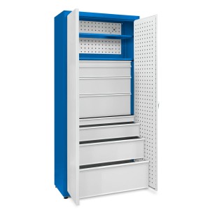 JOTKEL 23185 Szafa uniwersalna 2 półki malowane + 2 duże zestawy szuflad + tablice perforowane