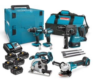 MAKITA Zestaw 18 V DDF485 wkrętarka + DTD153 zakrętarka udarowa + DGA504 szlifierka kątowa + DHR242 młotowiertarka + DSS610 pilarka tarczowa + 5 x bateria 5 Ah + dłuta