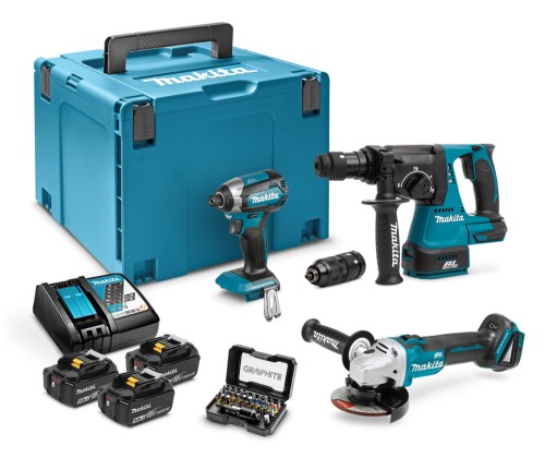 MAKITA Zestaw combo narzędzi 18 V DHR243 młotowiertarka SDS Plus + DTD153 zakrętarka udarowa 170 Nm + DGA504 szlifierka kątowa 125 mm + 3 x bateria 5 Ah + bity