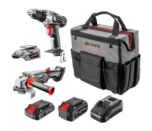 GRAPHITE 58G093-CS Zestaw narzędzi 18V Energy+ 58G000 wiertarko-wkrętarka + 58G003 szlifierka kątowa + 58G025 adapter USB-latarka LED + 1 x akumulator 2 Ah Li-Ion + 1 x akumulator 4 Ah Li-Ion + ładowarka + duża torba na kółkach