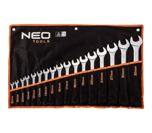 NEO TOOLS 09-753 Klucze płasko-oczkowe 8-32 mm, zestaw 17 szt.