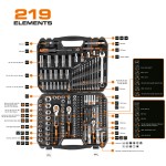 Zestaw kluczy nasadowych 1/2", 3/8" i 1/4", 219 elementów, CrV, walizka, NEO TOOLS 10-076
