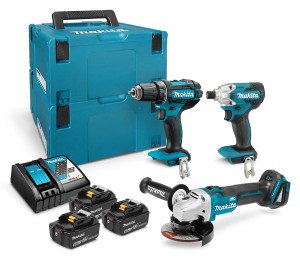 MAKITA Zestaw narzędzi 18V DDF482 Wiertarko-wkrętarka + DTD156 zakrętarka udarowa + DGA504 szlifierka kątowa 125 mm + 3 x bateria 5 Ah + skrzynki makpac