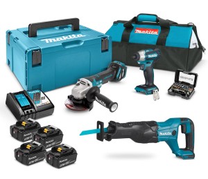 MAKITA Zestaw narzędzi 18 V DTD153 zakrętarka udarowa 170 Nm + DGA513 szlifierka kątowa 125 mm z regulacją + DJR186 piła szablasta + 4 x akumulator 5 Ah + akcesoria