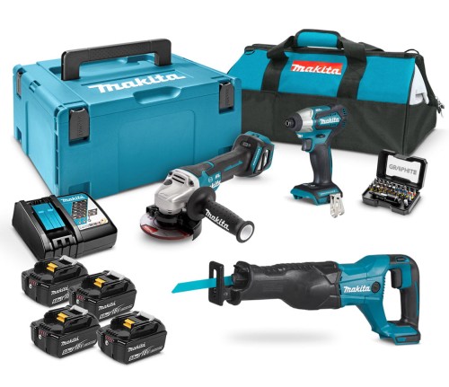 MAKITA Zestaw narzędzi 18 V DTD153 zakrętarka udarowa 170 Nm + DGA513 szlifierka kątowa 125 mm z regulacją + DJR186 piła szablasta + 4 x akumulator 5 Ah + akcesoria