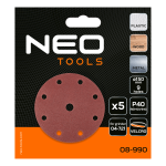 NEO TOOLS 08-990 Krążki ścierne na rzep 150 mm P40, 5 sztuk, z 9 otworami do 04-721