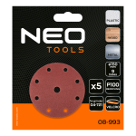 NEO TOOLS 08-993 Krążki ścierne na rzep 150 mm P100, 5 sztuk, z 9 otworami do 04-721