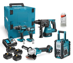 MAKITA Zestaw narzędzi 18V DDF485 wiertarko-wkrętarka + DGA504 szlifierka kątowa 125 mm + DTD153 zakrętarka 170 Nm + DHR242 młotowiertarka SDS Plus + DMR108 radio + 4 x 5 Ah Li-Ion + zestaw wierteł SDS Plus