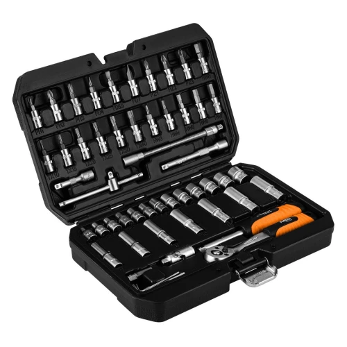 Zestaw kluczy nasadowych 1/4", 55 elementów, CrV, satynowy, walizka, NEO TOOLS 10-201