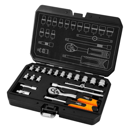 Zestaw kluczy nasadowych 1/4", 20 elementów, CrV, satynowy, walizka, NEO TOOLS 10-230