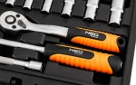 Zestaw kluczy nasadowych 1/4", 23 elementy, nasadki krótkie i długie, CrV, satynowy, NEO TOOLS 10-231