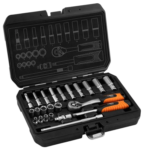 Zestaw kluczy nasadowych 1/4", 23 elementy, nasadki krótkie i długie, CrV, satynowy, NEO TOOLS 10-231
